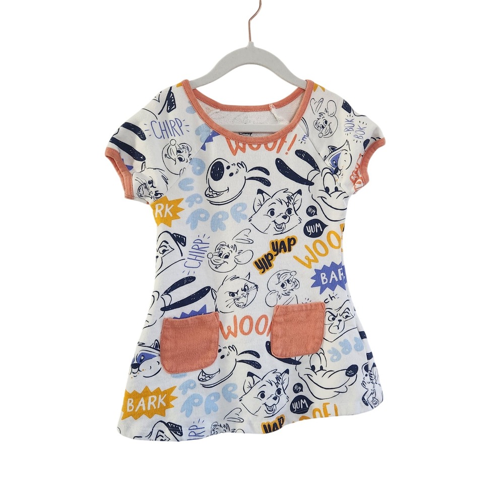 Disney Toddler Girls Dress White Cartoon Dog Cat Print Pockets‎ EUC Size XS 4/5